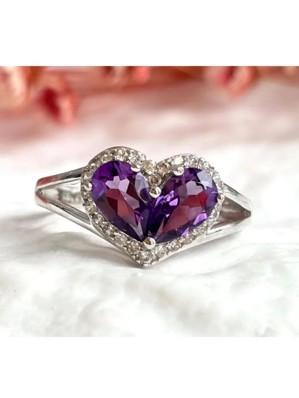 Heart Shaped Amethyst Gemstone Sterling Silver 925 Vintage Ring - sz 7.5